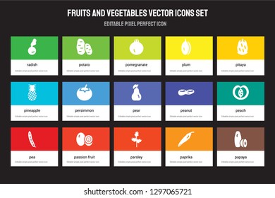 Set of 15 flat fruits and vegetables icons - Radish, Potato, Parsley, Pitaya, Pea, Peanut, Peach, Paprika. Vector illustration isolated on colorful background
