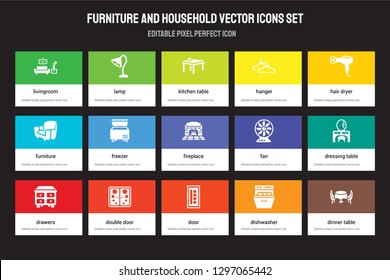 Set of 15 flat furniture and household icons - Livingroom, Lamp, Door, Hair dryer, Drawers, Fan, Dressing table, Dishwasher. Vector illustration isolated on colorful background