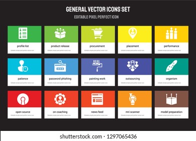 Set of 15 flat general icons - profile list, product release, news feed, performance, open source, outsourcing, organism, mri scanner. Vector illustration isolated on colorful background