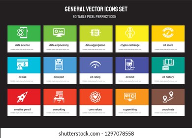 Set of 15 flat general icons - data science, engineering, core values, cit score, creative pencil rocket, limit, history, copywriting. Vector illustration isolated on colorful background