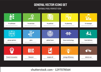 Set of 15 flat general icons - hr software, services, engine oil, manager, fintech innovation. Vector illustration isolated on colorful background