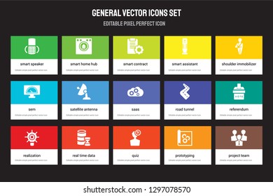 Set of 15 flat general icons - smart speaker, home hub, quiz, shoulder immobilizer, realization, road tunnel, referendum, prototyping. Vector illustration isolated on colorful background