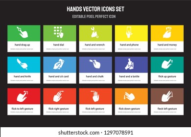 Set of 15 flat hands icons - hand Drag Up, Dial, Flick Left gesture, Hand and Money, to gesture. Vector illustration isolated on colorful background