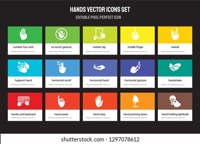 Set of 15 flat hands icons - Number four with finger, No touch gesture, hand Stop, Maloik, Hands and Keyboard. Vector illustration isolated on colorful background