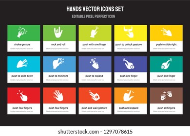 Set of 15 flat hands icons - Shake gesture, Rock and roll, Push wait expand gesture. Vector illustration isolated on colorful background