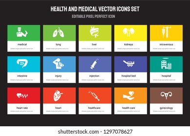 Set of 15 flat health and medical icons - Medical, Lung, Healthcare, Intravenous, Heart rate, Hospital bed, Hospital, Health care. Vector illustration isolated on colorful background