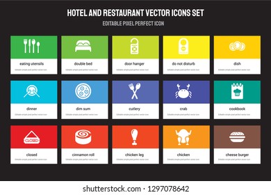 Set of 15 flat hotel and restaurant icons - Eating utensils, Double bed, Chicken leg, Dish, Closed, Crab, Cookbook, Chicken. Vector illustration isolated on colorful background