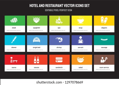 Set of 15 flat hotel and restaurant icons - Steak, Spaghetti, Sandwich, Slippers, Sauna, Servant, Sausage, Salad. Vector illustration isolated on colorful background