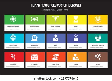 Set of 15 flat human resources icons - Time management, is money, Save time, Target audience, Searching, Skills, Selection process, Salary. Vector illustration isolated on colorful background