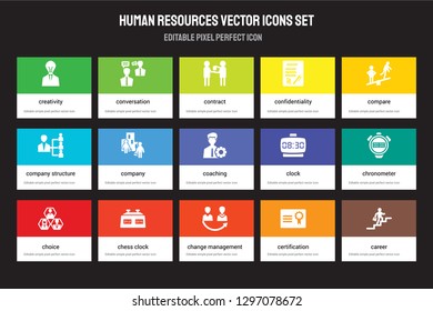 Set of 15 flat human resources icons - Creativity, Conversation, Change management, Compare, Choice, Clock, Chronometer, Certification. Vector illustration isolated on colorful background