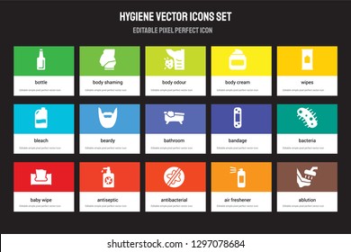 Set of 15 flat hygiene icons - Bottle, body shaming, antibacterial, Wipes, baby wipe, Bandage, Bacteria, Air freshener. Vector illustration isolated on colorful background