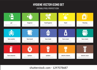 Set of 15 flat hygiene icons - Gel, Fragance, epilator, flossing, Face cleanser, face cream, Electric shaver. Vector illustration isolated on colorful background