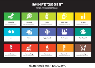 Set of 15 flat hygiene icons - Moisturizer, microbes, hair tonic, Lip balm, Hand mirror, kit, Handkerchief, Hair comb. Vector illustration isolated on colorful background