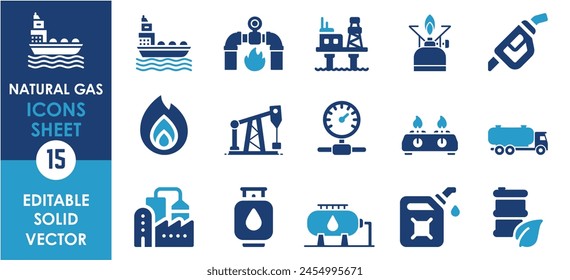 Conjunto de 15 iconos planos relacionados con el gas natural. Colección de iconos rellenos. Vectores editables.