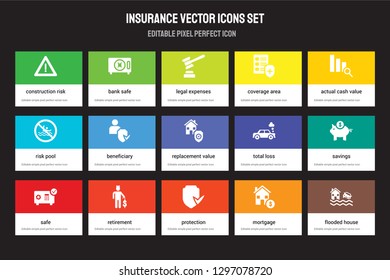 Set of 15 flat insurance icons - construction risk, bank safe, Protection, Actual Cash Value, Safe, total loss, Savings, Mortgage. Vector illustration isolated on colorful background