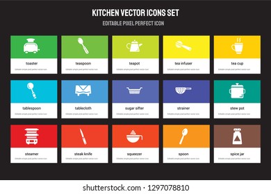 Set of 15 flat kitchen icons - Toaster, teaspoon, Squeezer, Tea cup, steamer, Strainer, stew pot, Spoon. Vector illustration isolated on colorful background