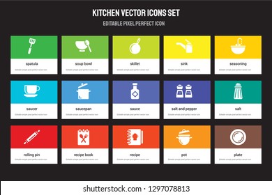 Set of 15 flat kitchen icons - Spatula, soup bowl, Recipe, Seasoning, Rolling pin, Salt and pepper, Salt, Pot. Vector illustration isolated on colorful background