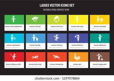 Set of 15 flat ladies icons - Woman with Headphones and Microphone, Hat, Sunbathing, Spa. Vector illustration isolated on colorful background