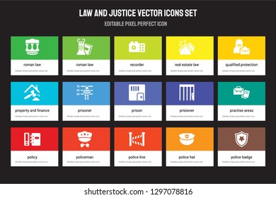 Set of 15 flat law and justice icons - roman law, Roman Police line, qualified protection, policy, Prisioner, practise areas, hat. Vector illustration isolated on colorful background