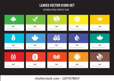 Set of 15 flat leaves icons - leaf, leaf. Vector illustration isolated on colorful background