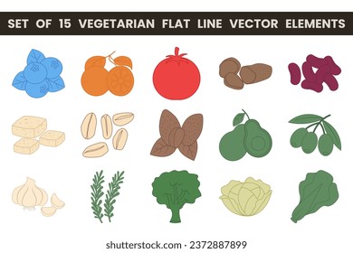 Set of 15 flat line vector elements. Vector illustrations with vegetarian theme.
