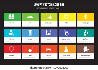 Set of 15 flat luxury icons - Vest suit, Tiara, Old car, Rich people, Pendant, Pocket watch, Perfume, Dress. Vector illustration isolated on colorful background
