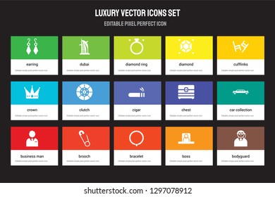 Set of 15 flat luxury icons - Earring, Dubai, Bracelet, Cufflinks, Business man, Chest, Car collection, Boss. Vector illustration isolated on colorful background