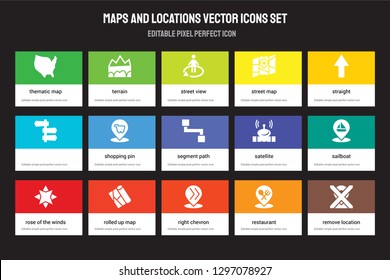 Set of 15 flat maps and locations icons - Thematic Map, Terrain, Right chevron, Straight, Rose the Winds, Satellite, Sailboat, Restaurant. Vector illustration isolated on colorful background
