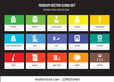 Set of 15 flat museum icons - Souvenir, Skeleton, paper Scroll, Sarcophagus, Poetry, Portrait, Porcelain, Palette. Vector illustration isolated on colorful background