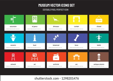 Set of 15 flat museum icons - Excursion, El greco, Archivist, Closed, Artwork, Bone, Ballet, Arc. Vector illustration isolated on colorful background