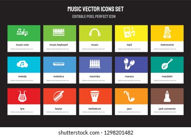 Set of 15 flat music icons - Music note, Keyboard, Kettledrum, Metronome, Lyre, Maraca, Mandolin, Jazz. Vector illustration isolated on colorful background