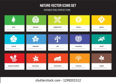 Set of 15 flat nature icons - Pine, Petunia, Mountains, Pansy, natural medical pills, Nymphea, Neroli, Mimosa. Vector illustration isolated on colorful background