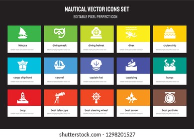 Set of 15 flat nautical icons - felucca, Diving mask, Boat Steering Wheel, Cruise Ship, Buoy, capsizing, Buoys, Screw. Vector illustration isolated on colorful background