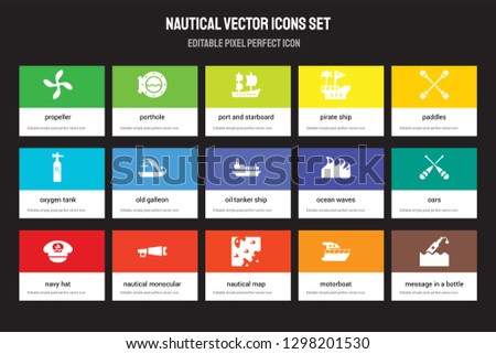 Set of 15 flat nautical icons - Propeller, Porthole, Map, Paddles, Navy Hat, Ocean Waves, Oars, motorboat. Vector illustration isolated on colorful background