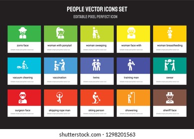 Set of 15 flat people icons - Zorro face, Woman with ponytail Skiing person, Breastfeeding, Surgeon face. Vector illustration isolated on colorful background