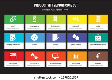 Set of 15 flat productivity icons - Trendy, Time passing, Tools, Tasks, Racing flag. Vector illustration isolated on colorful background