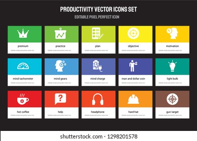 Set of 15 flat productivity icons - Premium, Practice, Headphone, Motivation, Hot Coffee, Man and dollar coin, Light bulb, Hard hat. Vector illustration isolated on colorful background