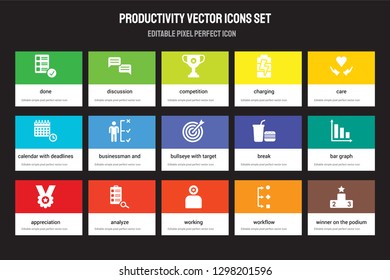 Set of 15 flat productivity icons - Done, Discussion, Working, Care, Appreciation, Break, Bar Graph, Workflow. Vector illustration isolated on colorful background