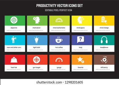 Set of 15 flat productivity icons - Objective, Motivation, Gauge, Mind Charge, Hard hat, Help, Headphone, Favorite. Vector illustration isolated on colorful background