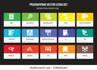 Set of 15 flat programming icons - Page, Optimization, Http, Mobile development, Image SEO, Js, Java, Html5. Vector illustration isolated on colorful background