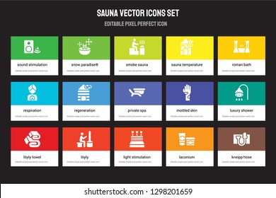 Set of 15 flat sauna icons - Sound stimulation, SNOW PARADISE?, Light Roman bath, L?yly towel, Mottled skin, Luxury shower, Laconium. Vector illustration isolated on colorful background