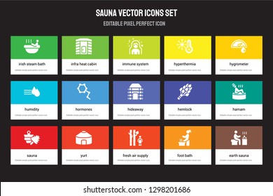 Set of 15 flat sauna icons - Irish steam bath, Infra heat cabin, Fresh air supply, Hygrometer, Sauna, Hemlock, Hamam, Foot bath. Vector illustration isolated on colorful background