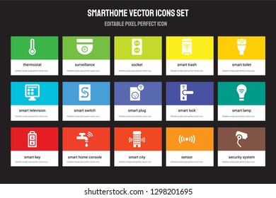Set of 15 flat smarthome icons - Thermostat, Surveillance, Smart city, smart Toilet, key, lock, Lamp, Sensor. Vector illustration isolated on colorful background