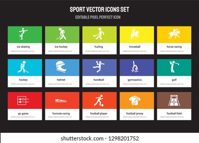 Set Of 15 Flat Sport Icons - Ice Skating, Hockey, Football Player, Horse Racing, Go Game, Gymnastics, Golf, Jersey. Vector Illustration Isolated On Colorful Background