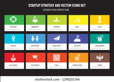 Set of 15 flat startup strategy and icons - Procedure, Piggybank, Maze, Pawn, New product, Overcome, Open padlock, Market trends. Vector illustration isolated on colorful background