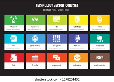 Set of 15 flat technology icons - Influencer, Impressions, Engagement, HTML5, Font, Front end, Frameworks, Embedding. Vector illustration isolated on colorful background