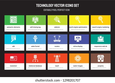 Set of 15 flat technology icons - Semantic elements, Self-closing tag, Reach, Search engine marketing, Resolution. Vector illustration isolated on colorful background