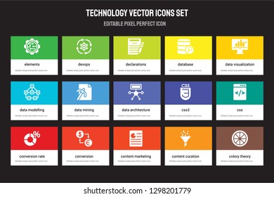 Set of 15 flat technology icons - Elements, DEVOPS, Content Marketing, Data visualization, Conversion rate optimization. Vector illustration isolated on colorful background