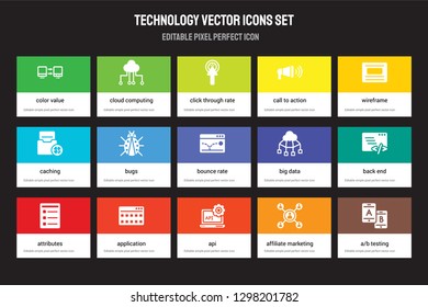 Set of 15 flat technology icons - Color value, Cloud computing, API, Wireframe, Attributes, Big data, Back End, Affiliate marketing. Vector illustration isolated on colorful background