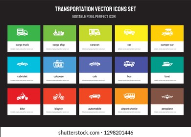 Set of 15 flat transportation icons - Cargo truck, ship, Automobile, camper car, Bike, Bus, Boat, airport shuttle. Vector illustration isolated on colorful background